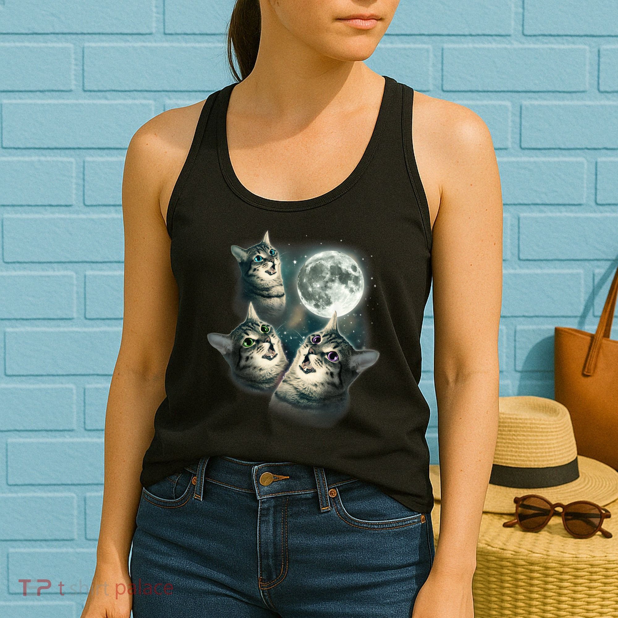 Funny Cat Three Cat Moon 3 Wolfs Cute Kitten Graphic Women's Tank Top