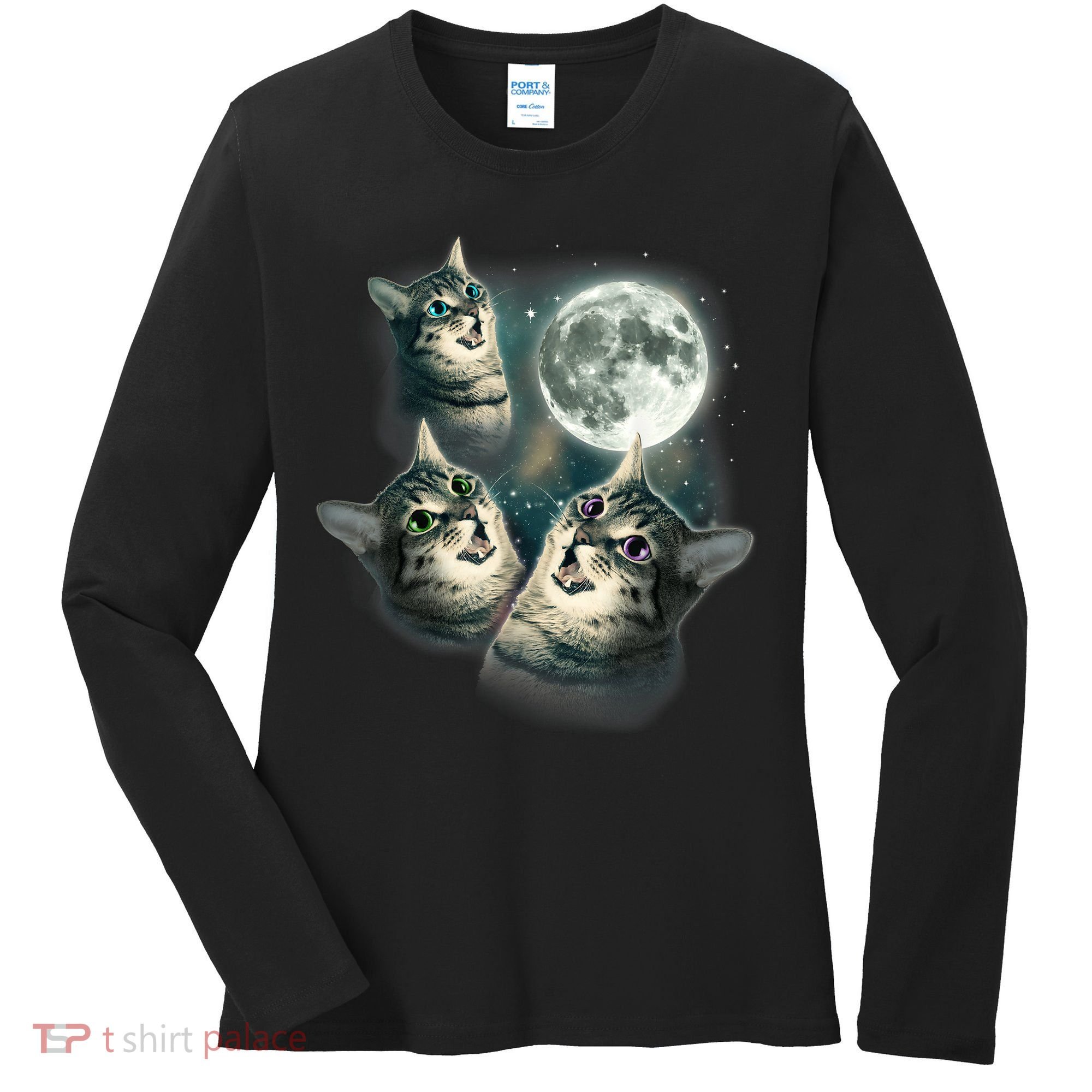 Funny Cat Three Cat Moon 3 Wolfs Cute Kitten Graphic Women's Long Sleeve Shirt