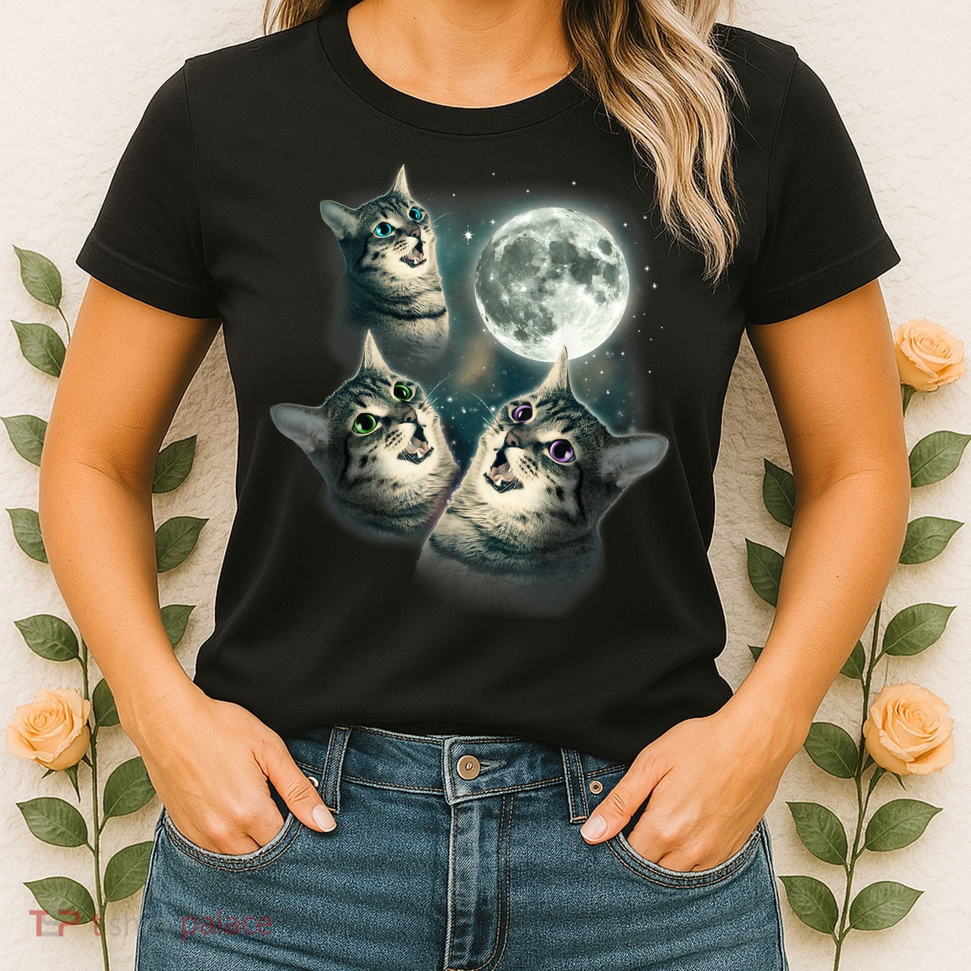 Funny Cat Three Cat Moon 3 Wolfs Cute Kitten Graphic Women's T-Shirt