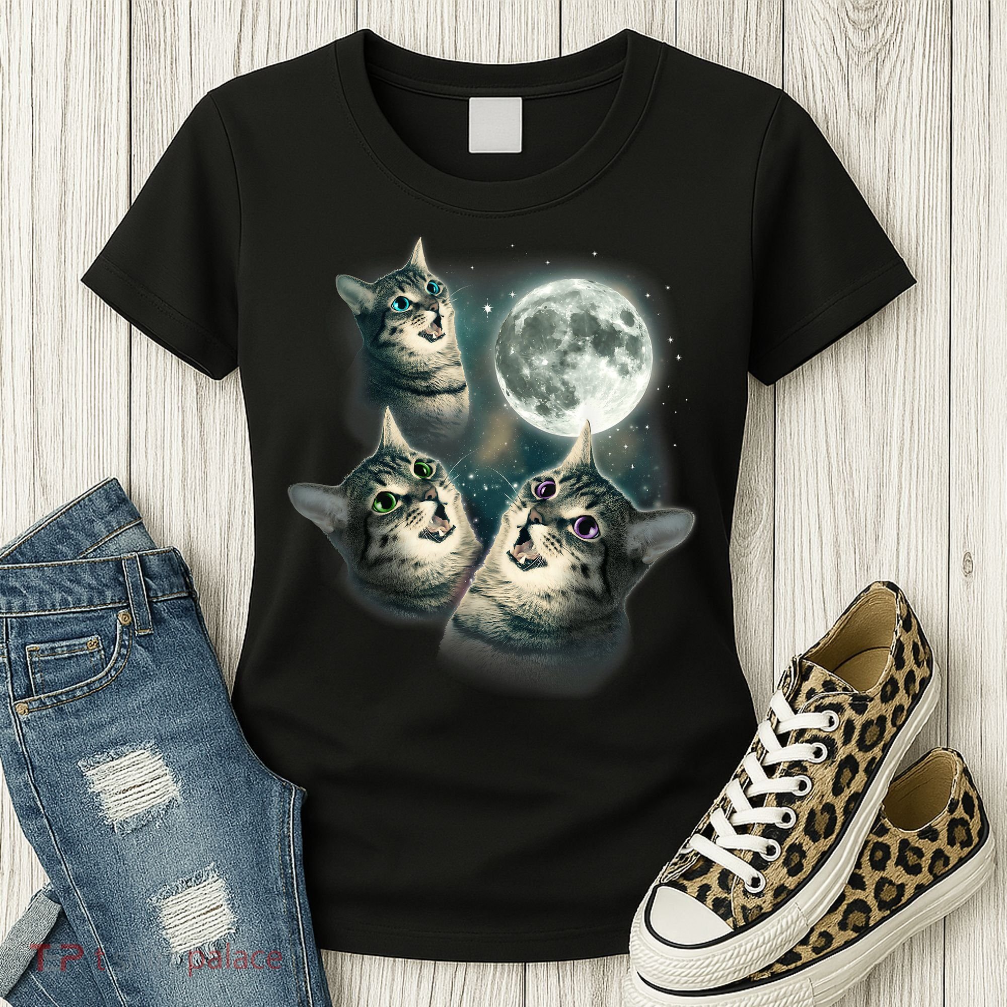 Funny Cat Three Cat Moon 3 Wolfs Cute Kitten Graphic Women's T-Shirt