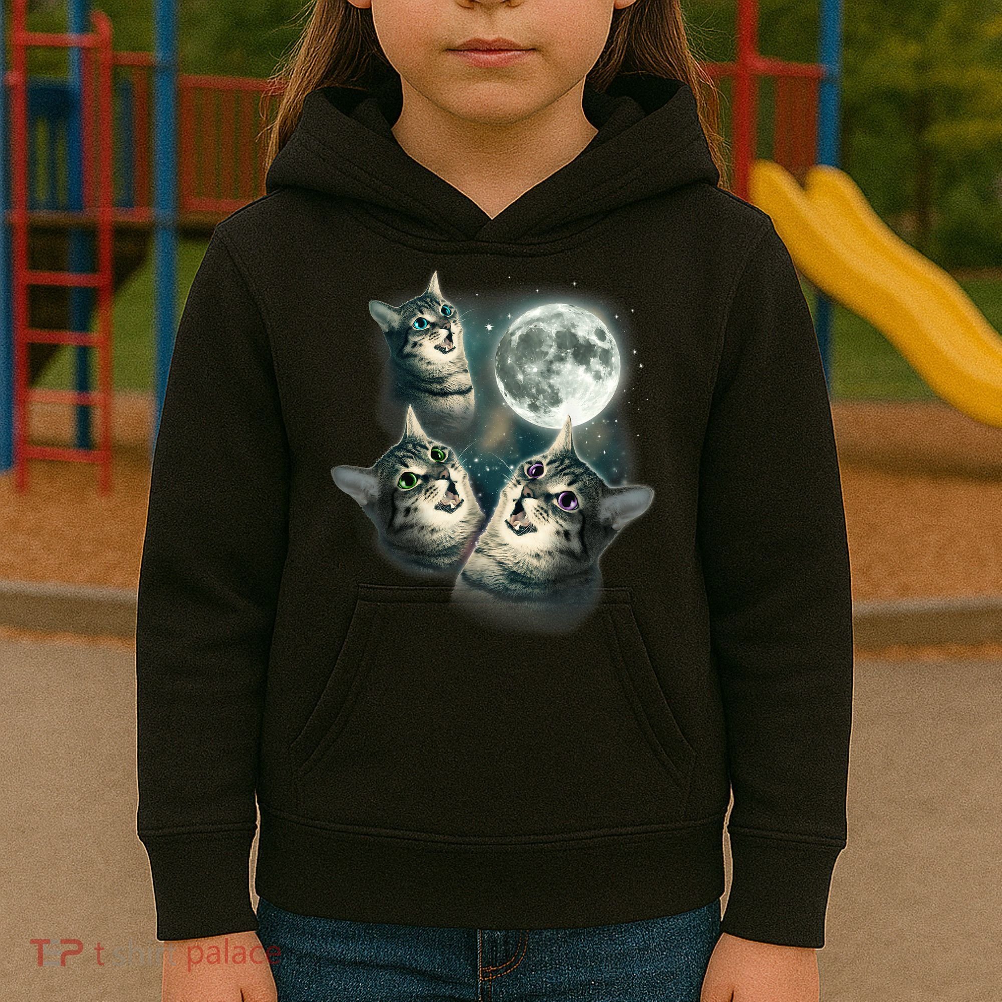 Funny Cat Three Cat Moon 3 Wolfs Cute Kitten Graphic Kids Hoodie