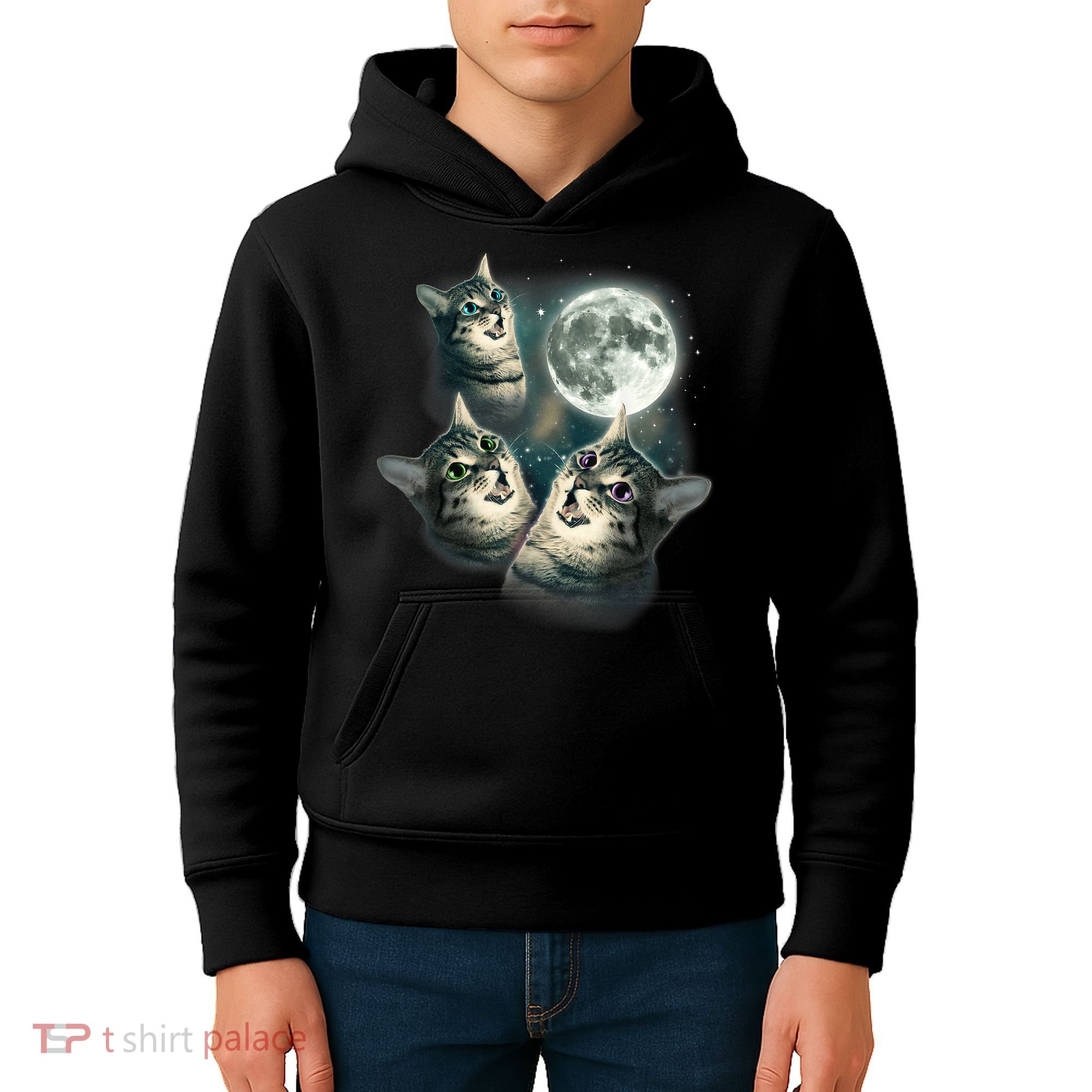 Funny Cat Three Cat Moon 3 Wolfs Cute Kitten Graphic Kids Hoodie