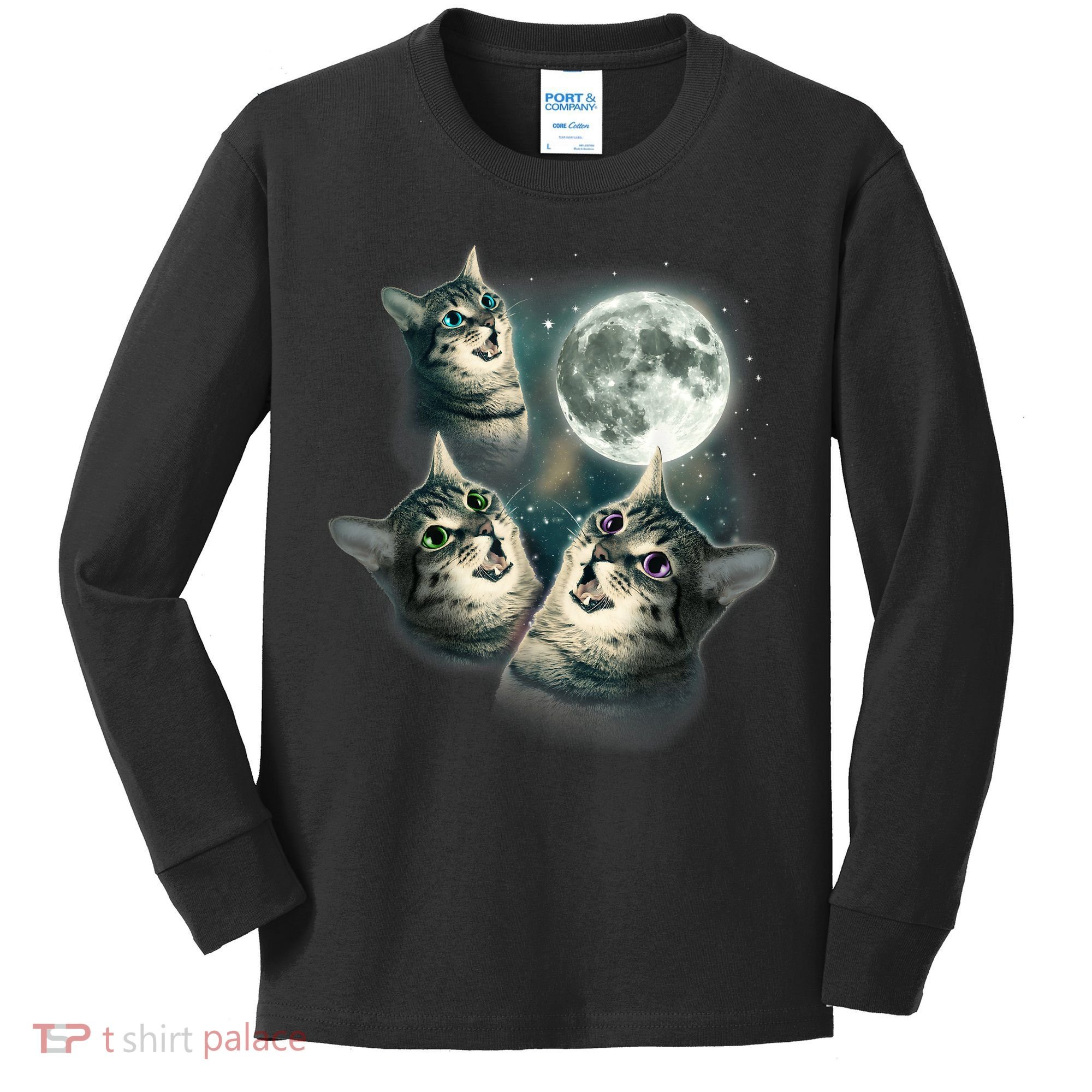 Funny Cat Three Cat Moon 3 Wolfs Cute Kitten Graphic Kids Long Sleeve Shirt
