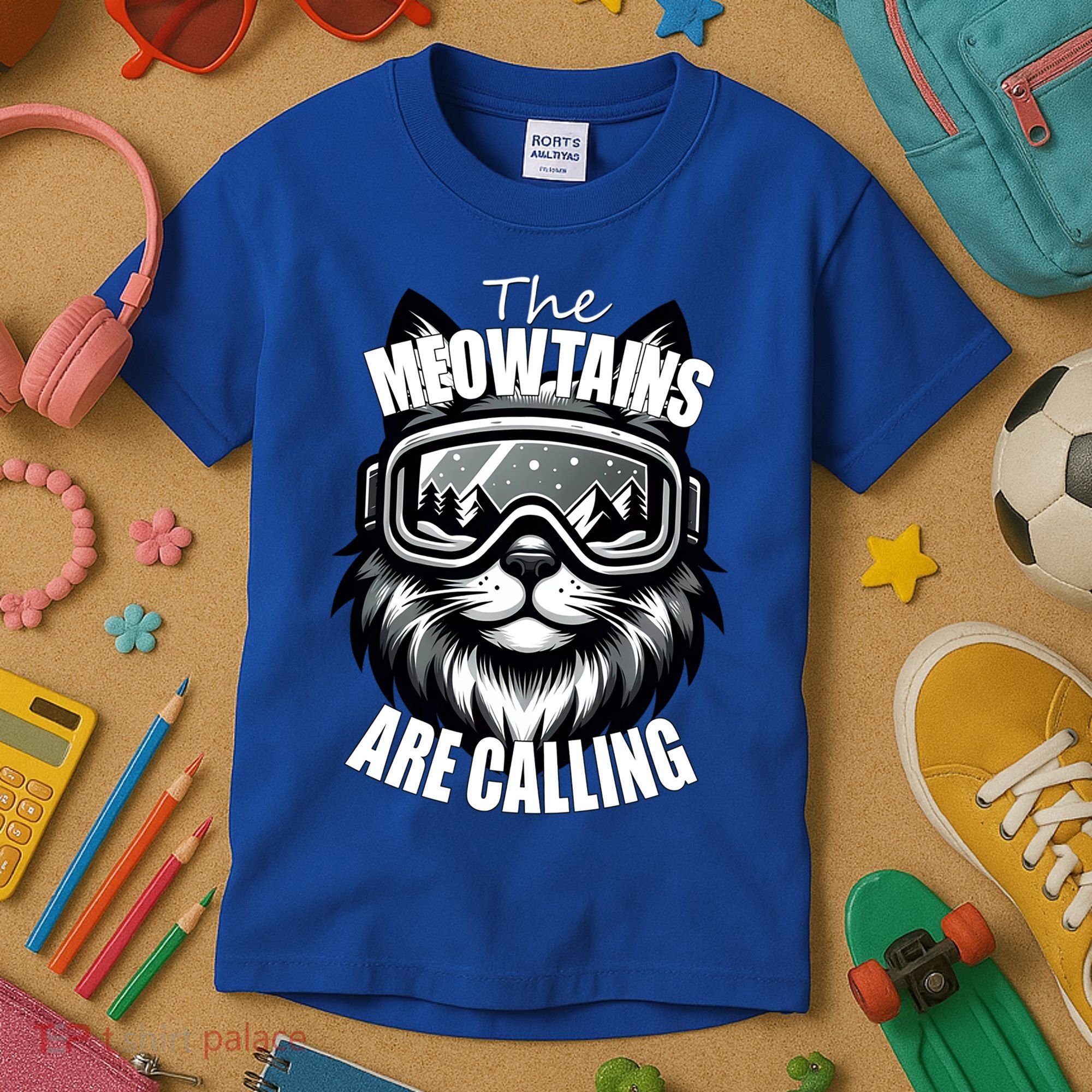 Funny Cat The Meowtains Are Calling Snowboard Ski Lover Kids T-Shirt