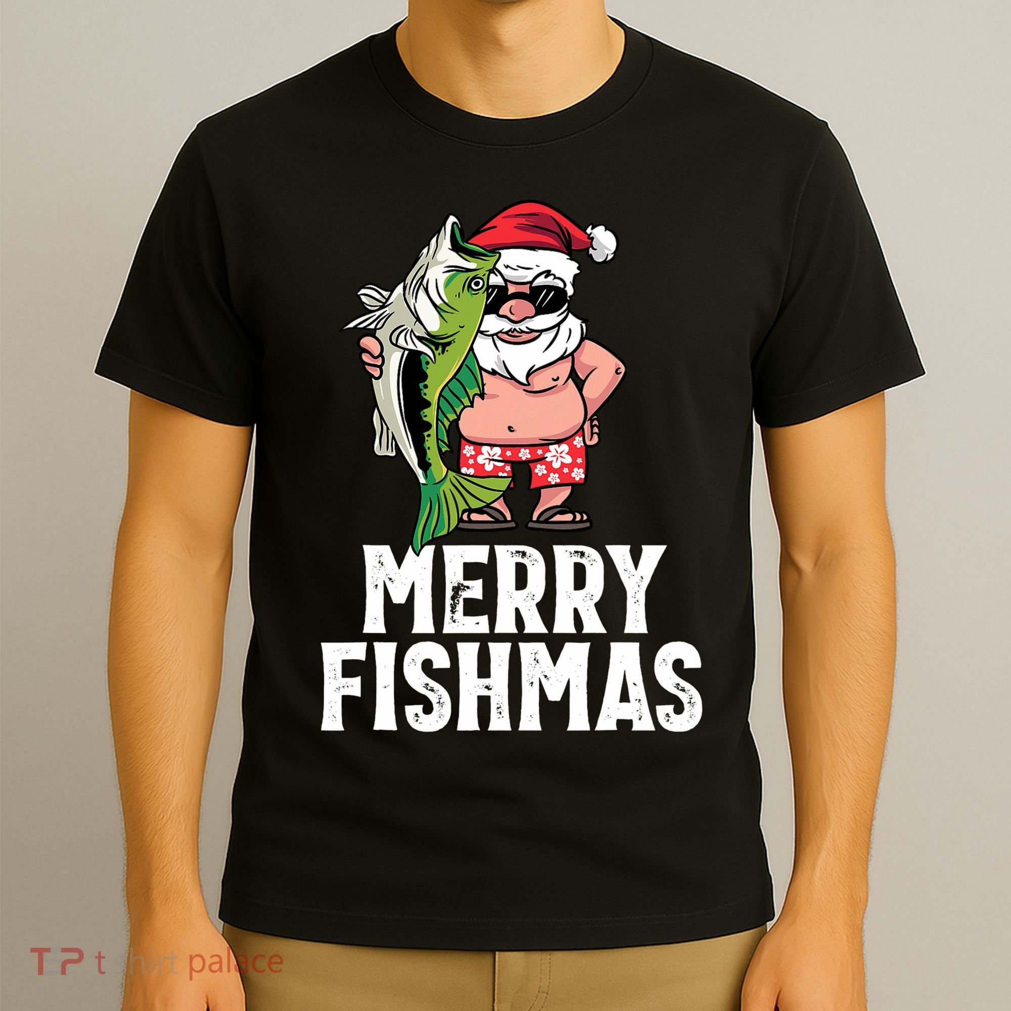 Funny Christmas Themed Bass Fishing Gift Merry Fishmas T-Shirt