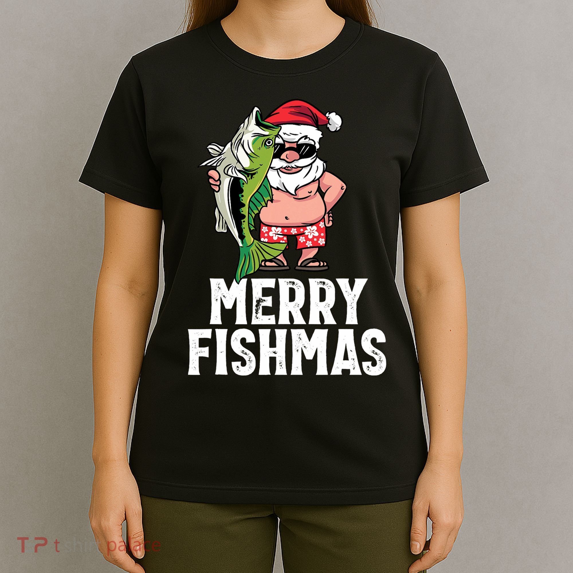 Funny Christmas Themed Bass Fishing Gift Merry Fishmas T-Shirt