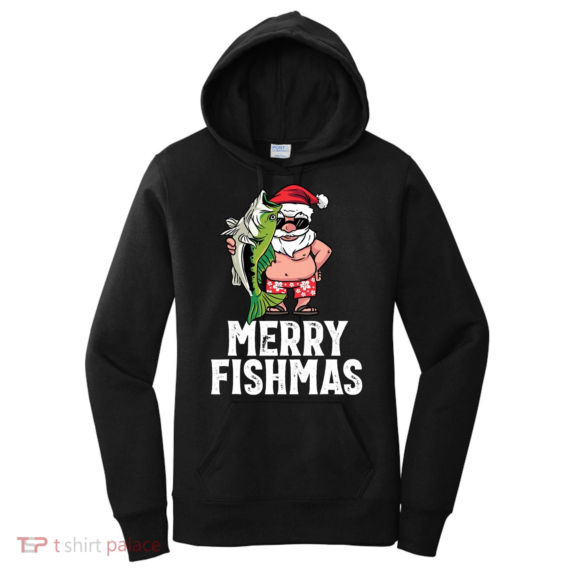 Funny Christmas Themed Bass Fishing Gift Merry Fishmas Women's Hoodie