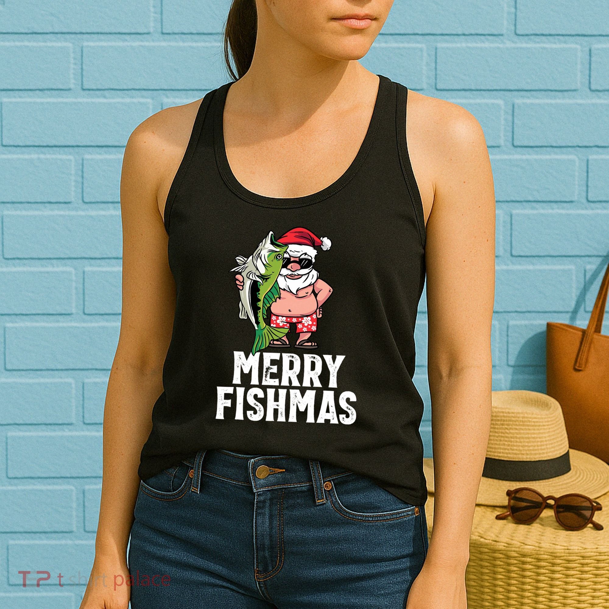 Funny Christmas Themed Bass Fishing Gift Merry Fishmas Women's Tank Top