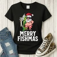 Funny Christmas Themed Bass Fishing Gift Merry Fishmas Women's T-Shirt thumb 3