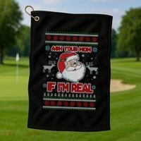 Funny Christmas Ugly Sweater Santa Ask Your Mom If I'm Real Golf Towel thumb 1