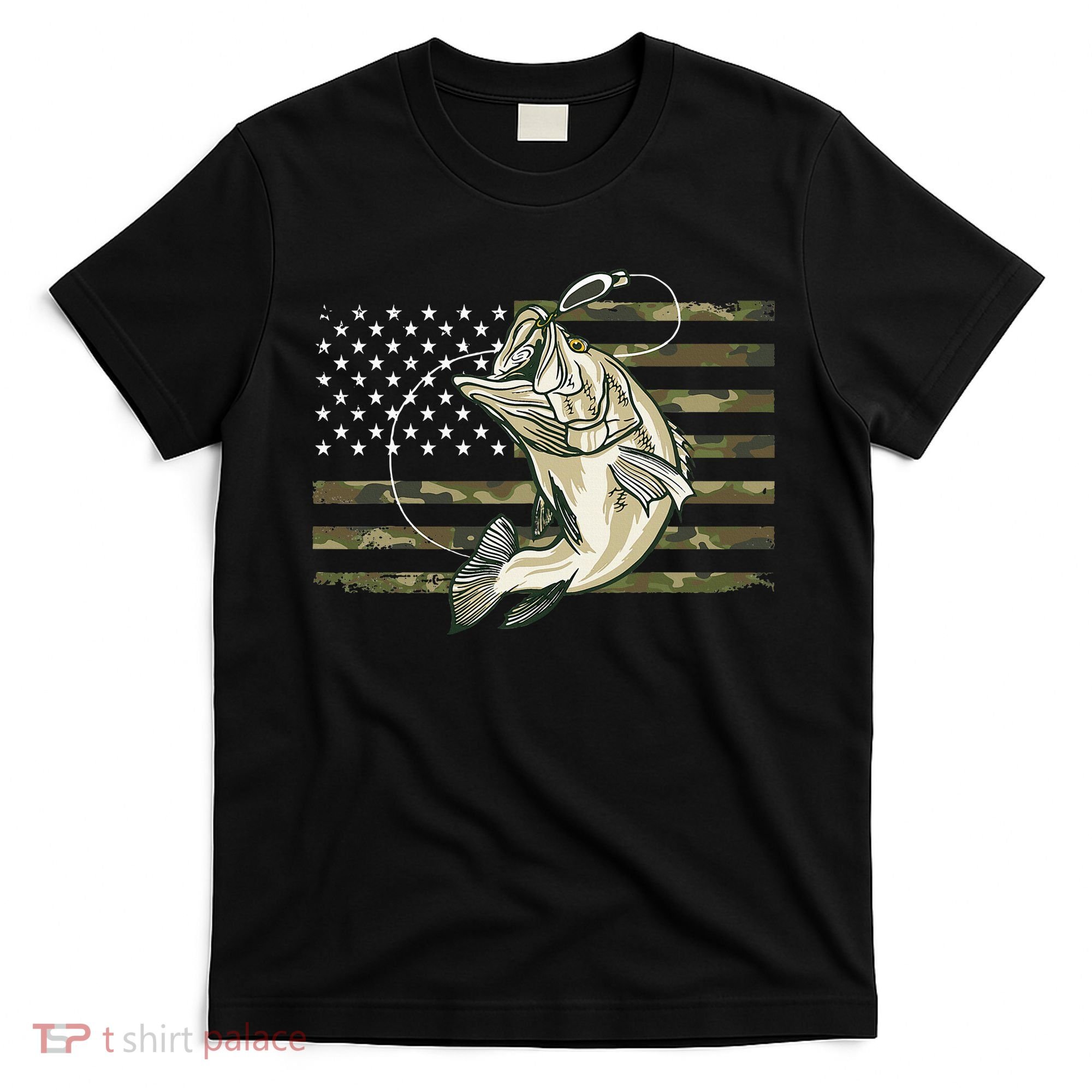 Fishing Camouflage Us American Flag Bass Fish Fisherman Camo T-Shirt