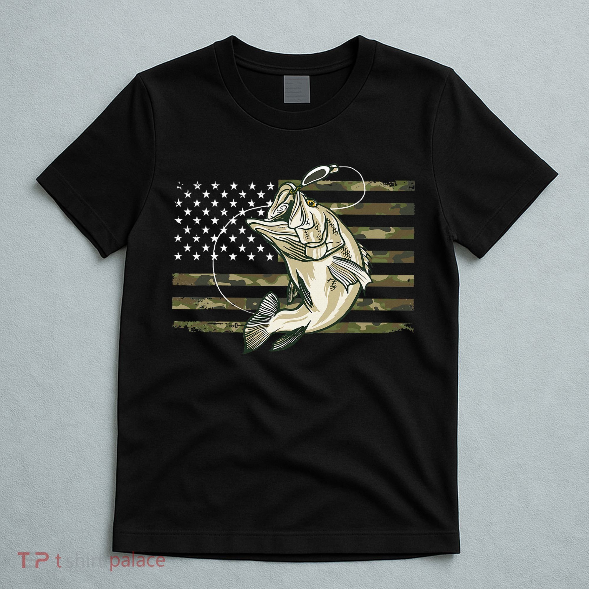 Fishing Camouflage Us American Flag Bass Fish Fisherman Camo T-Shirt
