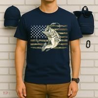 Fishing Camouflage US American Flag Bass Fish Fisherman Camo T-Shirt thumb 6