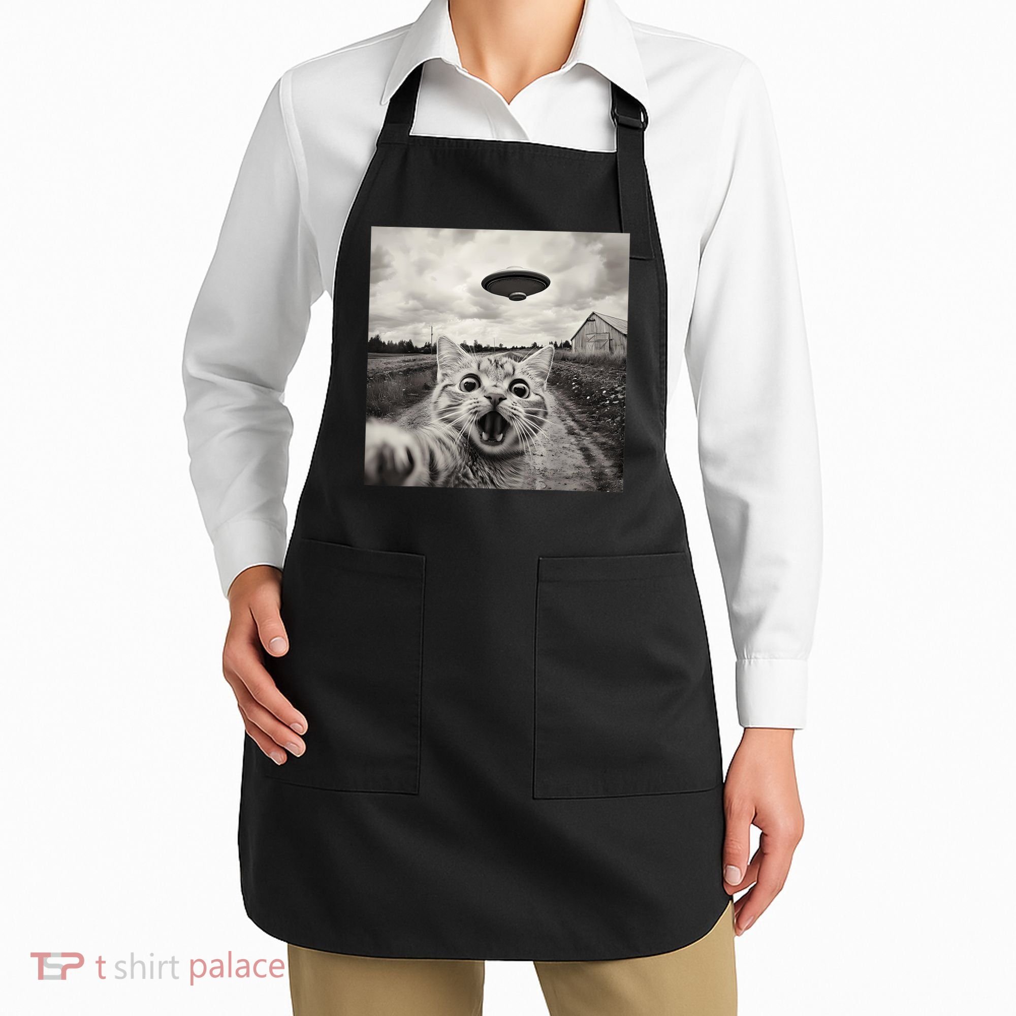 Funny Cat Ufo Alien Selfie Apron