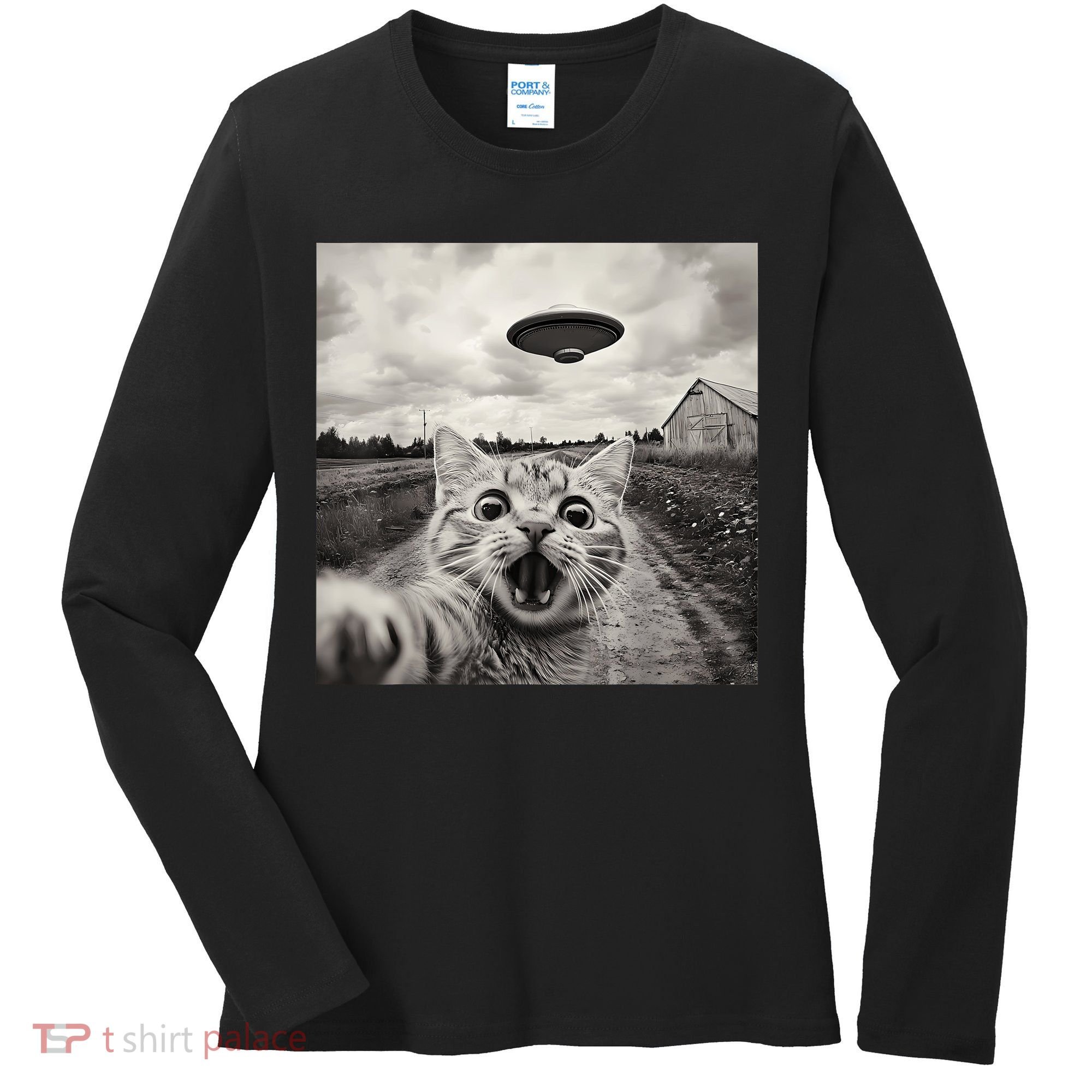 Funny Cat Ufo Alien Selfie Women's Long Sleeve Shirt