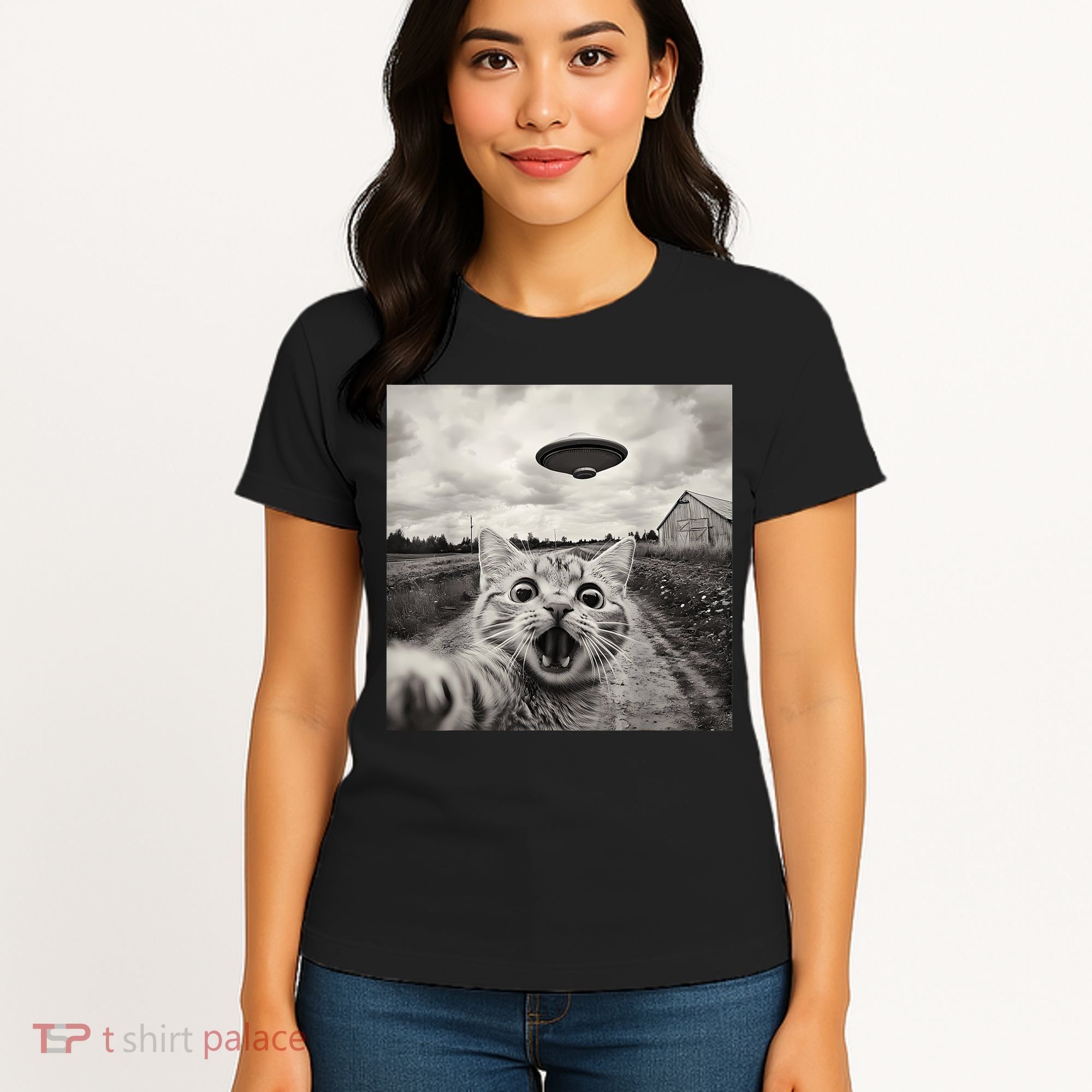 Funny Cat Ufo Alien Selfie Women's T-Shirt