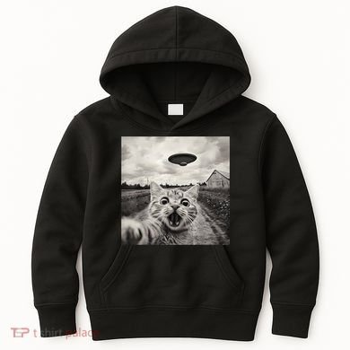 Funny Cat Ufo Alien Selfie Kids Hoodie