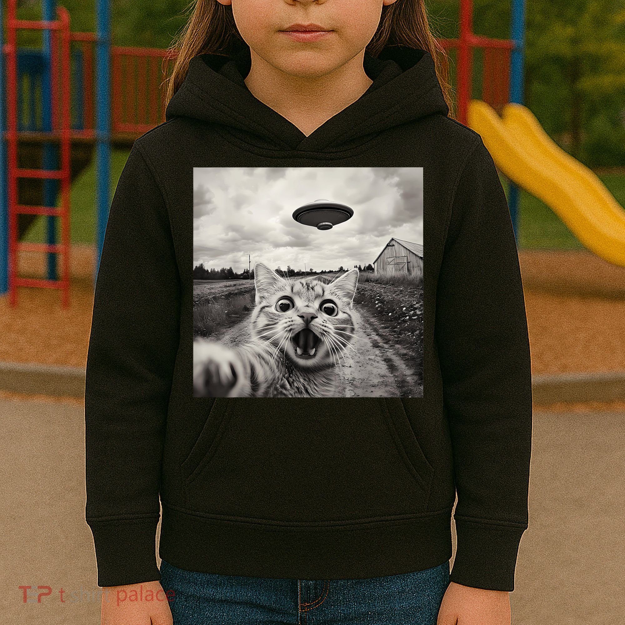 Funny Cat Ufo Alien Selfie Kids Hoodie