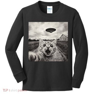 Funny Cat Ufo Alien Selfie Kids Long Sleeve Shirt