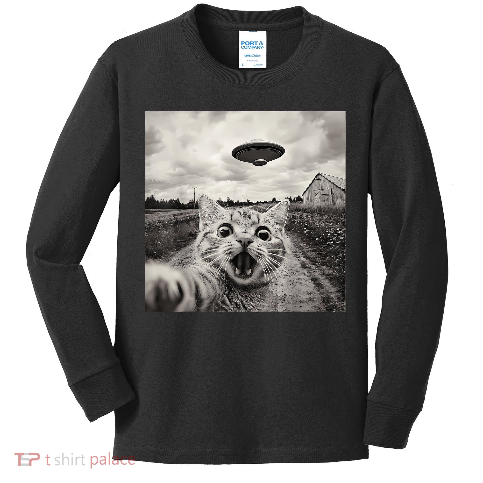 Funny Cat Ufo Alien Selfie Kids Long Sleeve Shirt