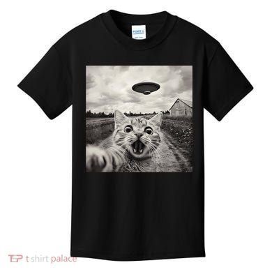 Funny Cat Ufo Alien Selfie Kids T-Shirt