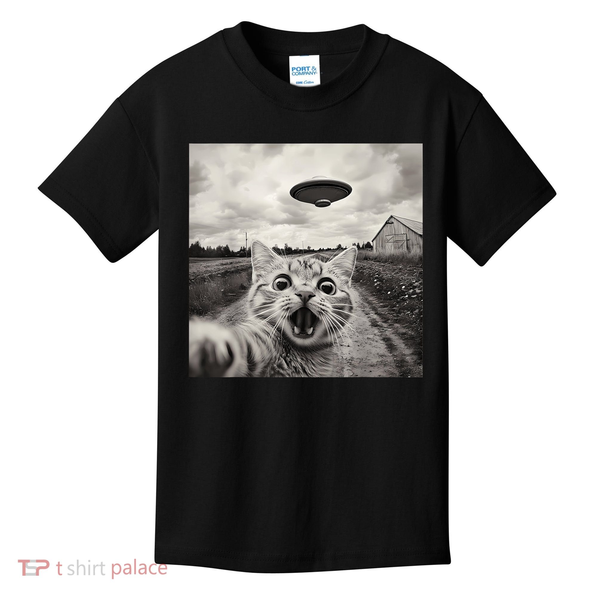 Funny Cat Ufo Alien Selfie Kids T-Shirt