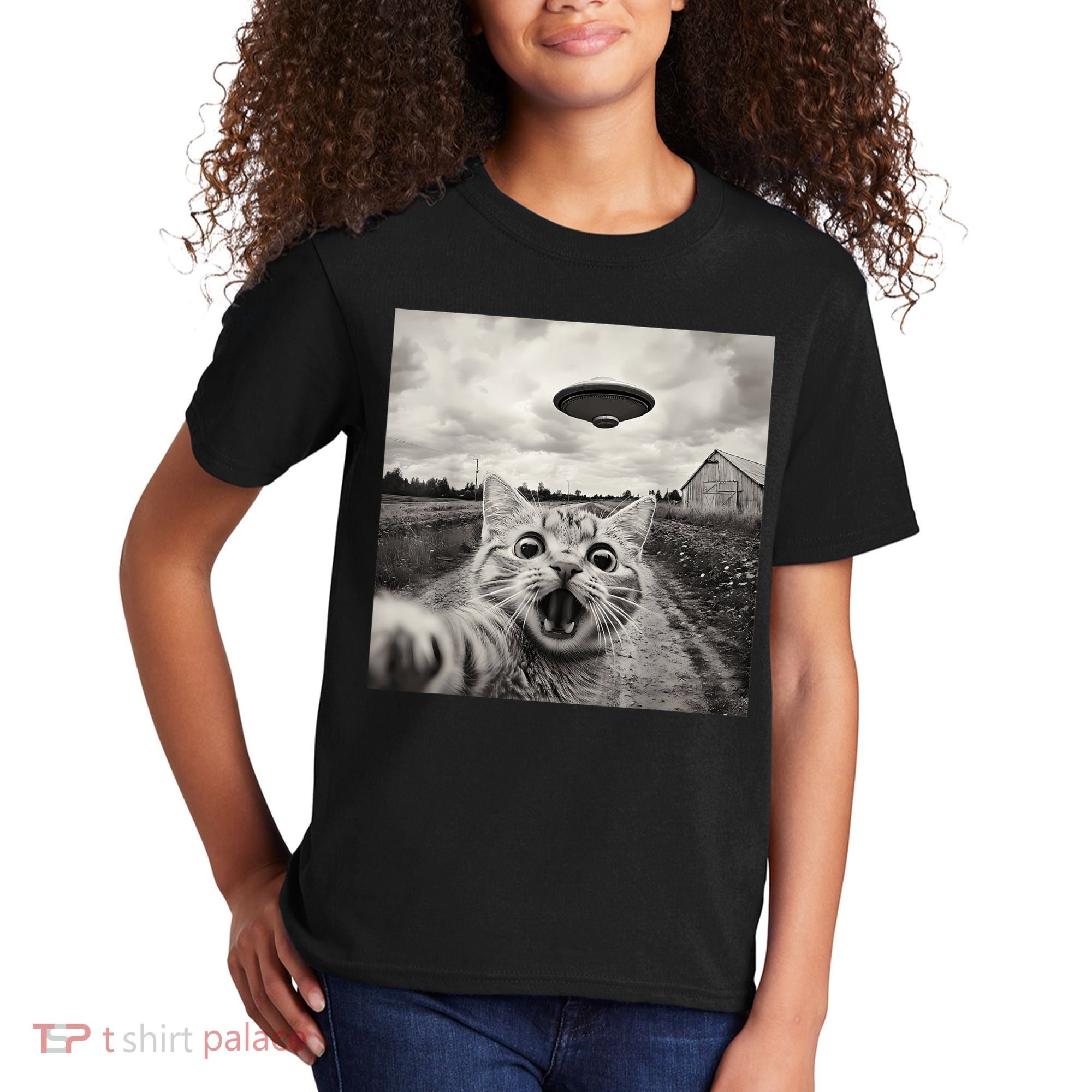 Funny Cat Ufo Alien Selfie Kids T-Shirt
