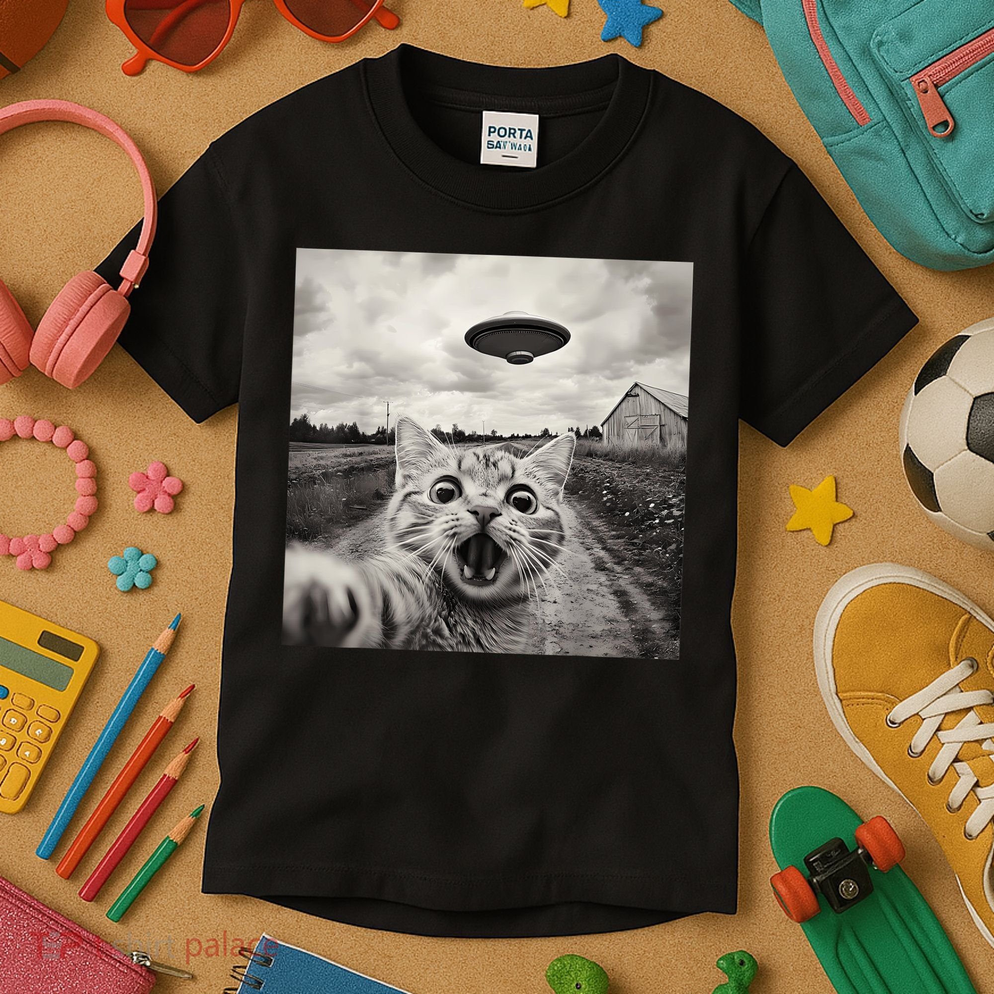 Funny Cat Ufo Alien Selfie Kids T-Shirt
