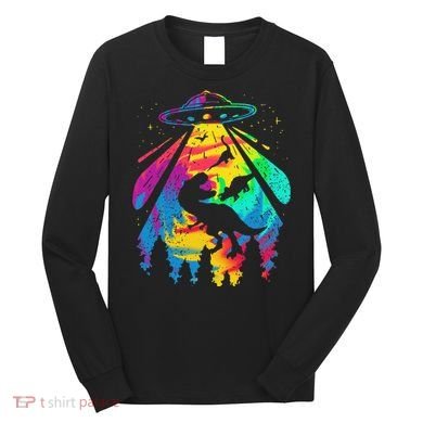 Funny Colorful Ufo Alien Trex Dinosaurs Abduction Long Sleeve Shirt
