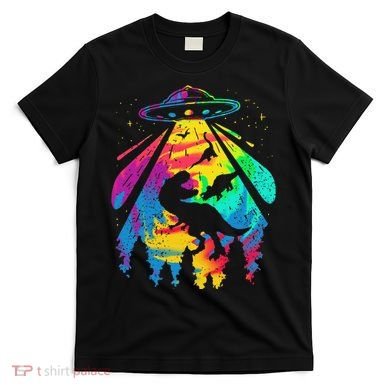 Funny Colorful Ufo Alien Trex Dinosaurs Abduction T-Shirt