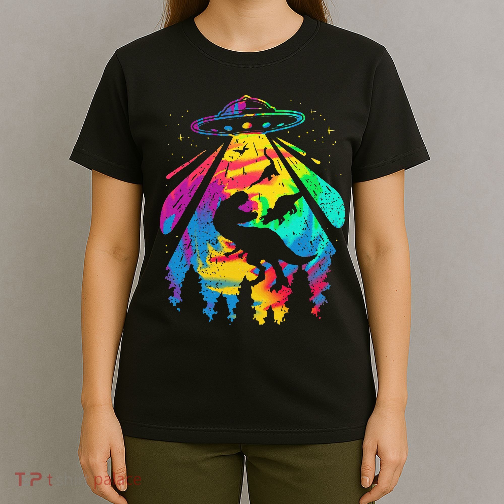 Funny Colorful Ufo Alien Trex Dinosaurs Abduction T-Shirt
