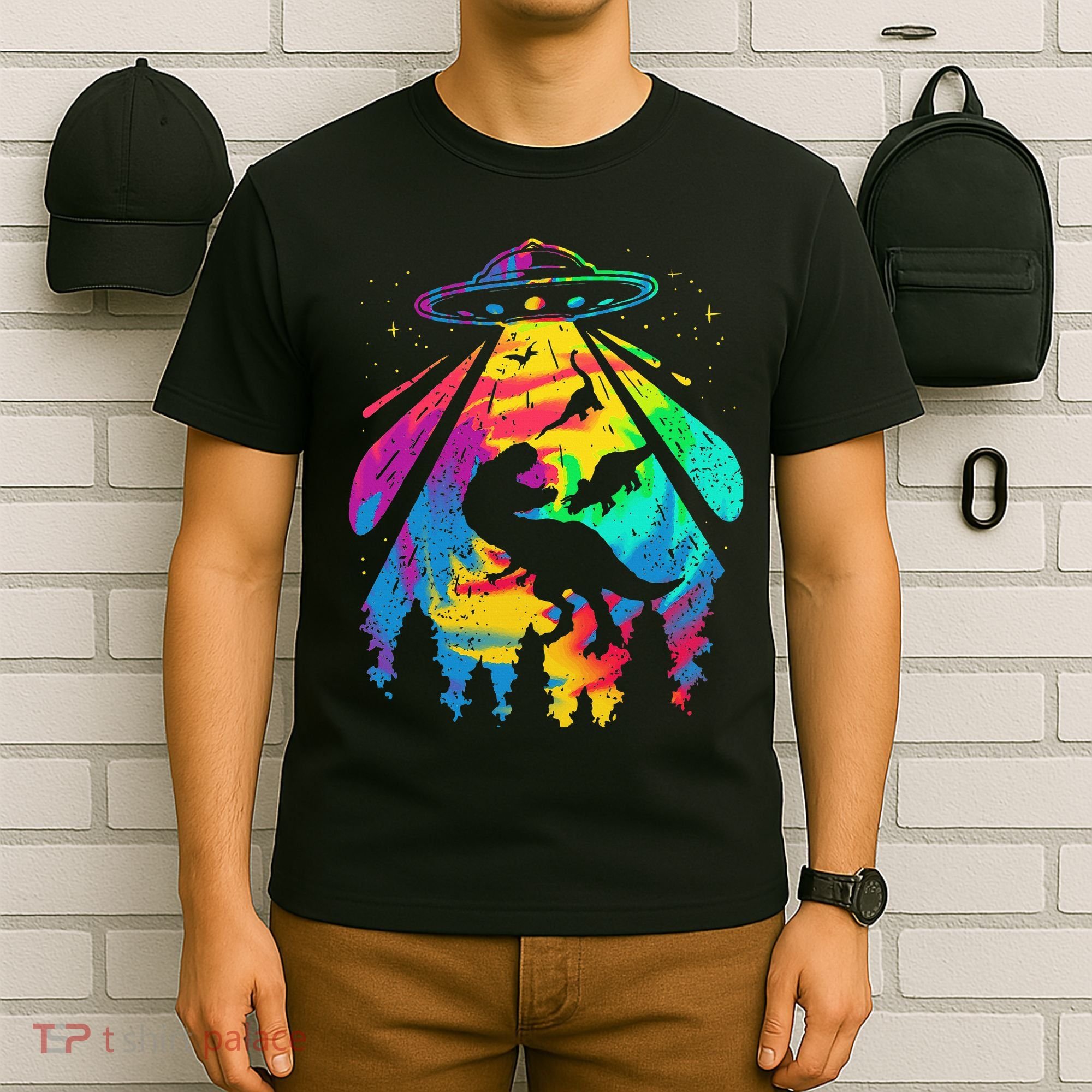 Funny Colorful Ufo Alien Trex Dinosaurs Abduction T-Shirt
