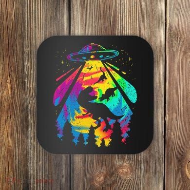 Funny Colorful Ufo Alien Trex Dinosaurs Abduction Coaster