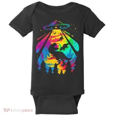 Funny Colorful Ufo Alien Trex Dinosaurs Abduction Baby Bodysuit