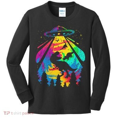 Funny Colorful Ufo Alien Trex Dinosaurs Abduction Kids Long Sleeve Shirt