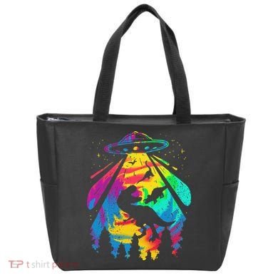 Funny Colorful Ufo Alien Trex Dinosaurs Abduction Tote Bag