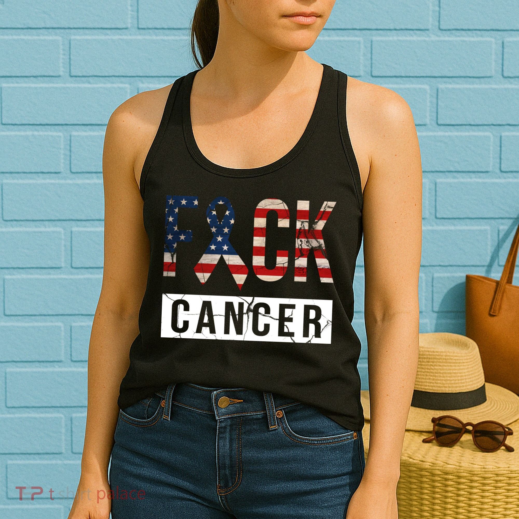 F*ck Cancer USA American Flag Ribbon Women's Tank Top