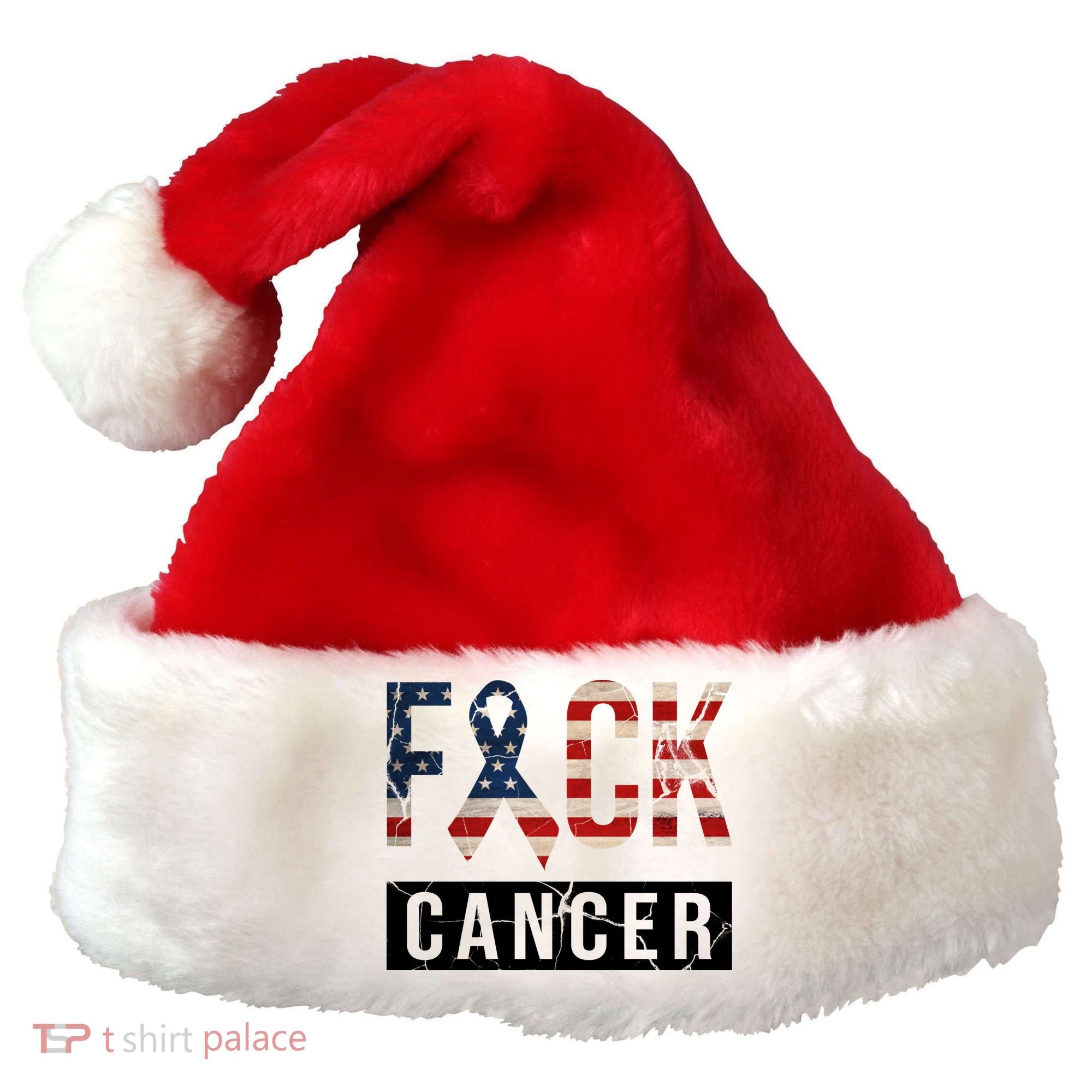 F*ck Cancer USA American Flag Ribbon Santa Hat
