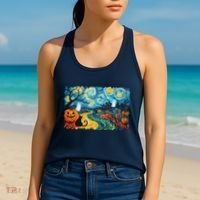Funny Classic Van Gogh Inspired Halloween Scene Women's Tank Top thumb 2