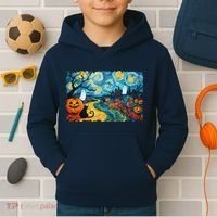 Funny Classic Van Gogh Inspired Halloween Scene Kids Hoodie thumb 2