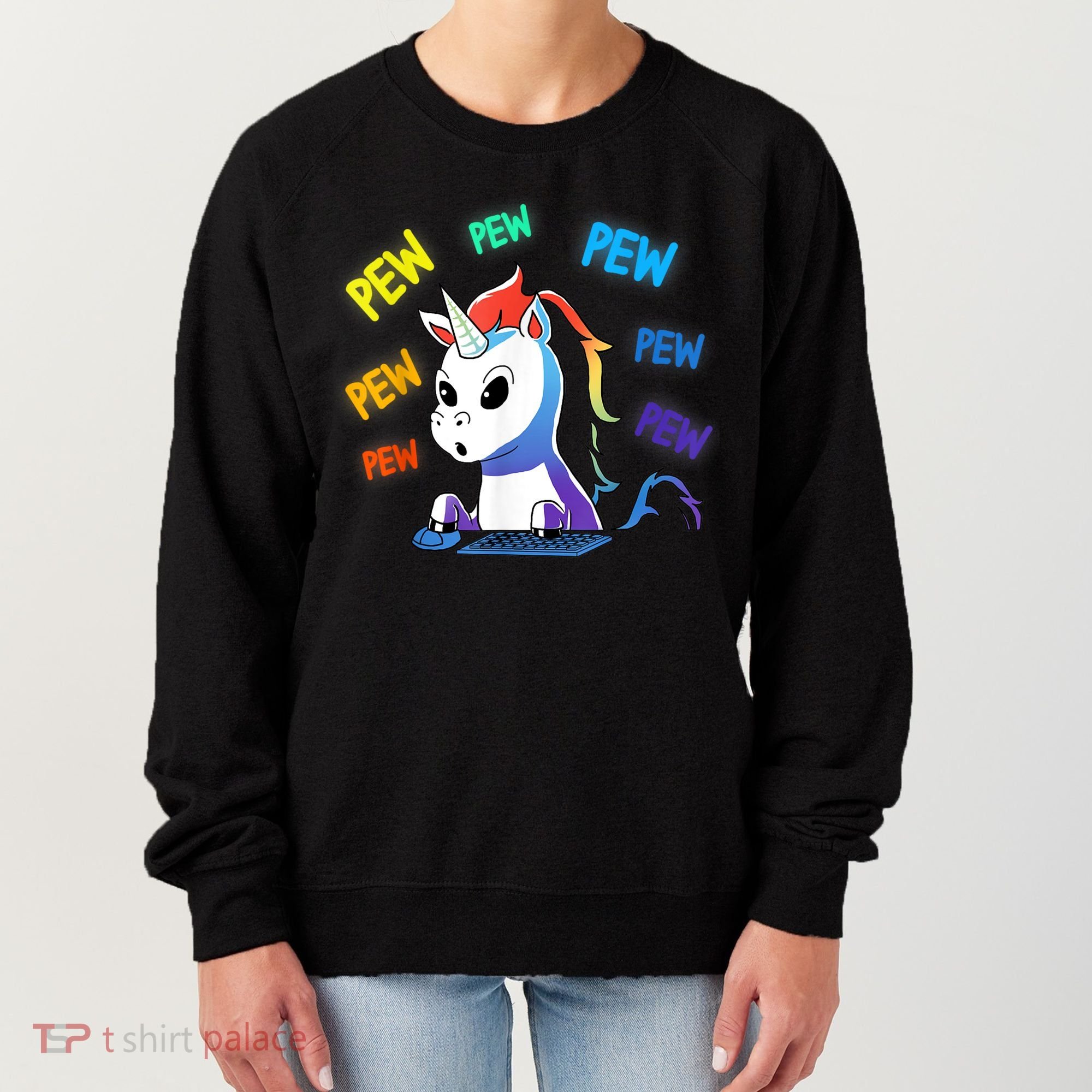 Funny Cute Video Gaming Rainbow Unicorn Pew Pew Women's Sweatshirt