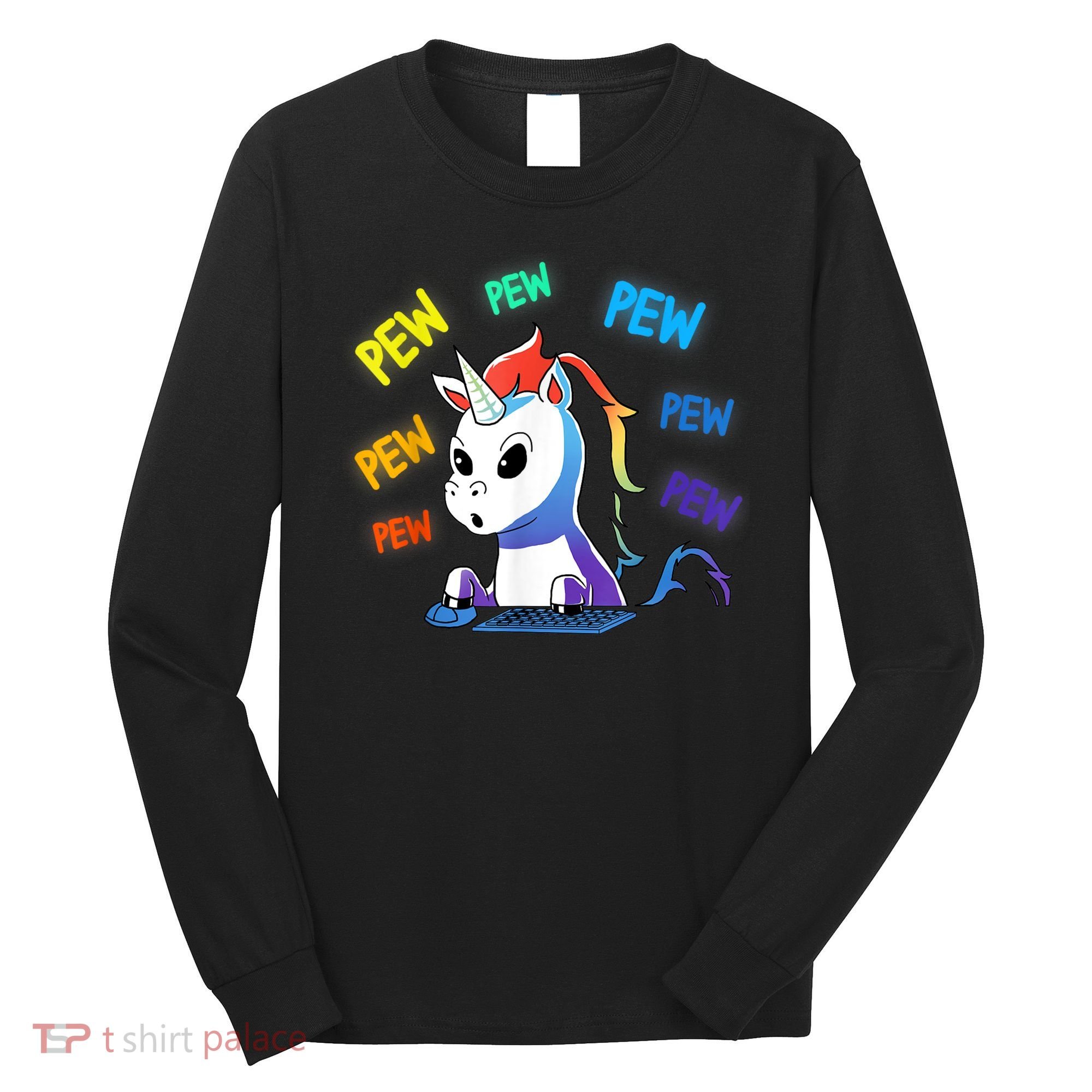 Funny Cute Video Gaming Rainbow Unicorn Pew Pew Long Sleeve Shirt