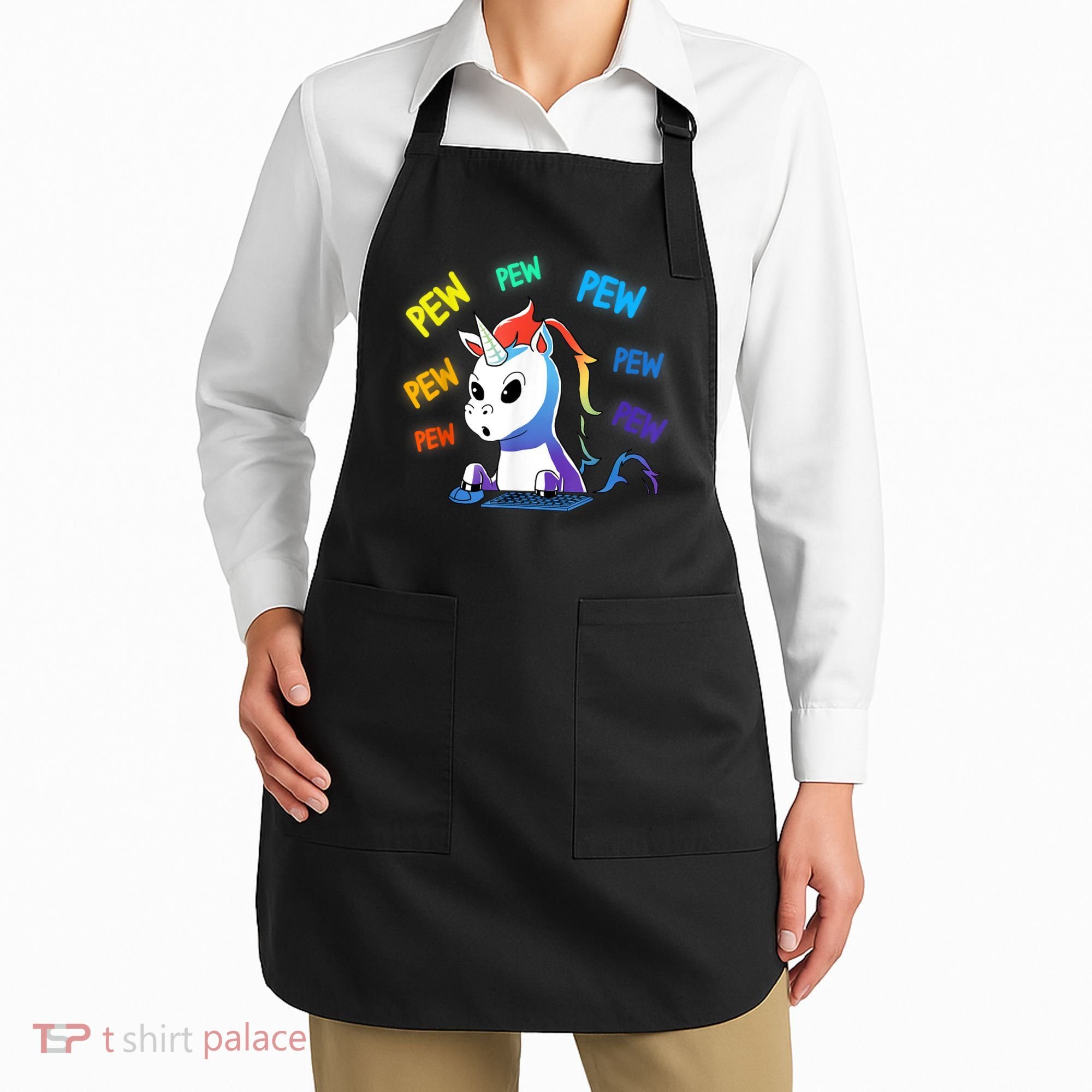 Funny Cute Video Gaming Rainbow Unicorn Pew Pew Apron