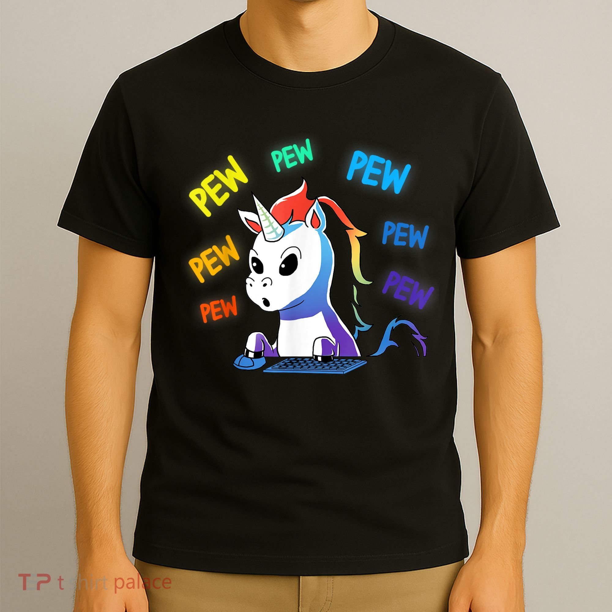 Funny Cute Video Gaming Rainbow Unicorn Pew Pew T-Shirt