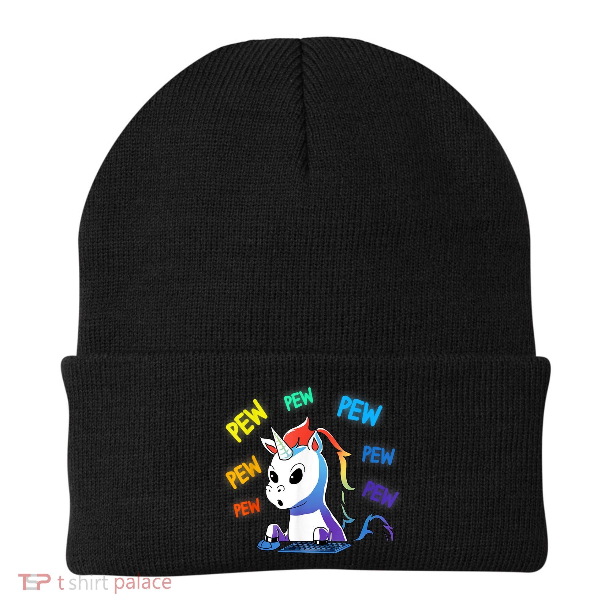 Funny Cute Video Gaming Rainbow Unicorn Pew Pew Beanie