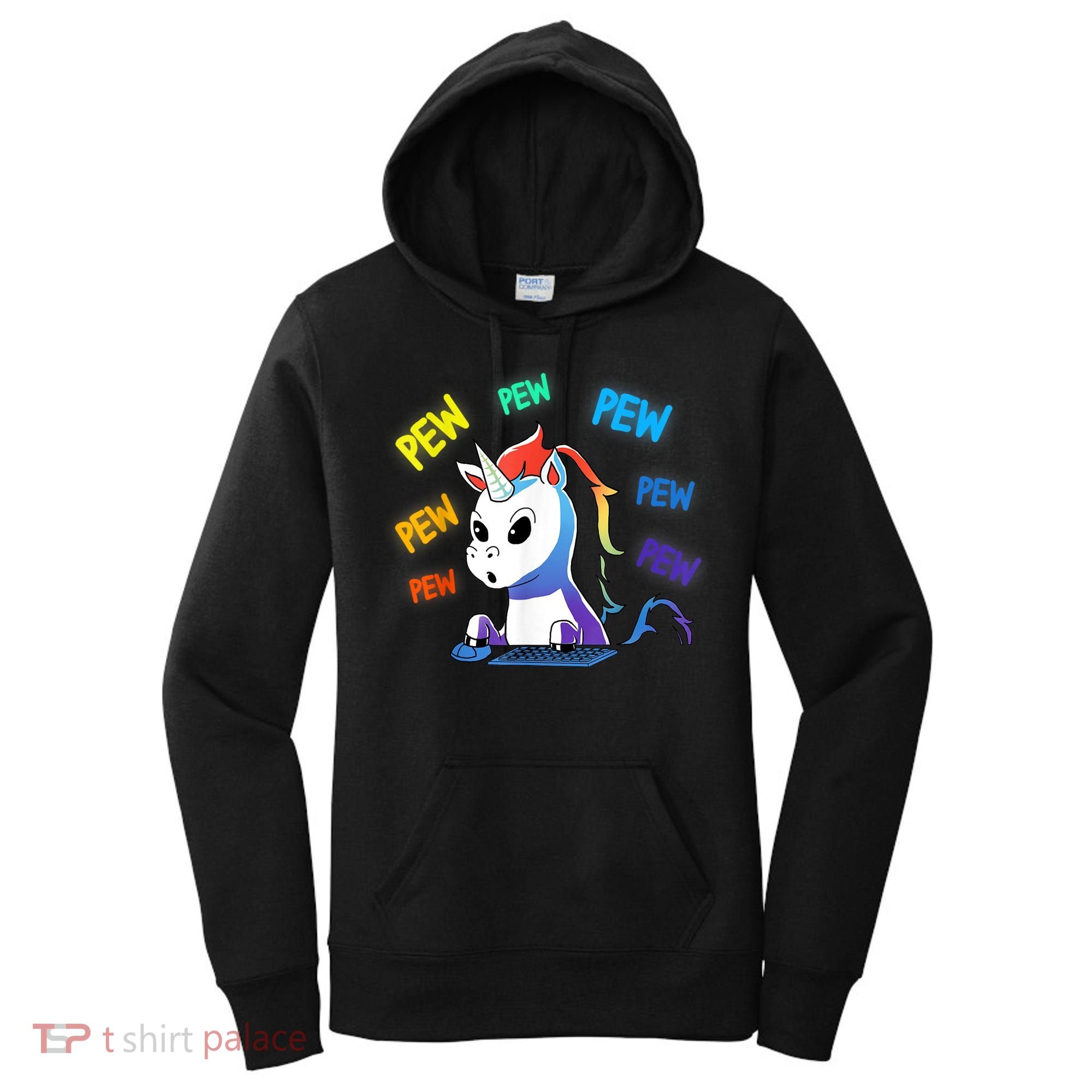 Funny Cute Video Gaming Rainbow Unicorn Pew Pew Women's Hoodie