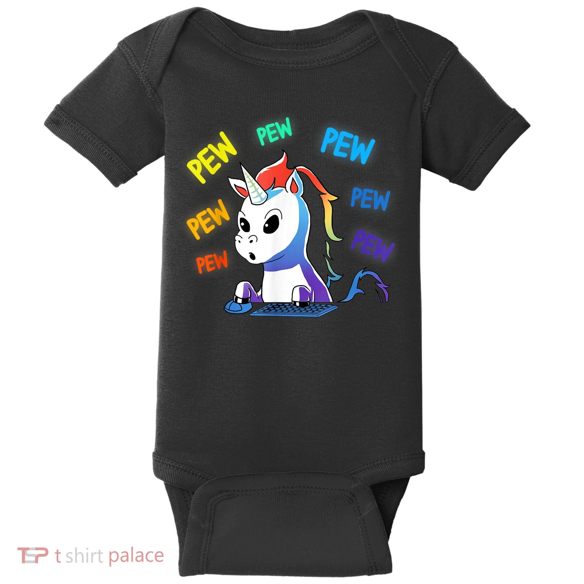 Funny Cute Video Gaming Rainbow Unicorn Pew Pew Baby Bodysuit