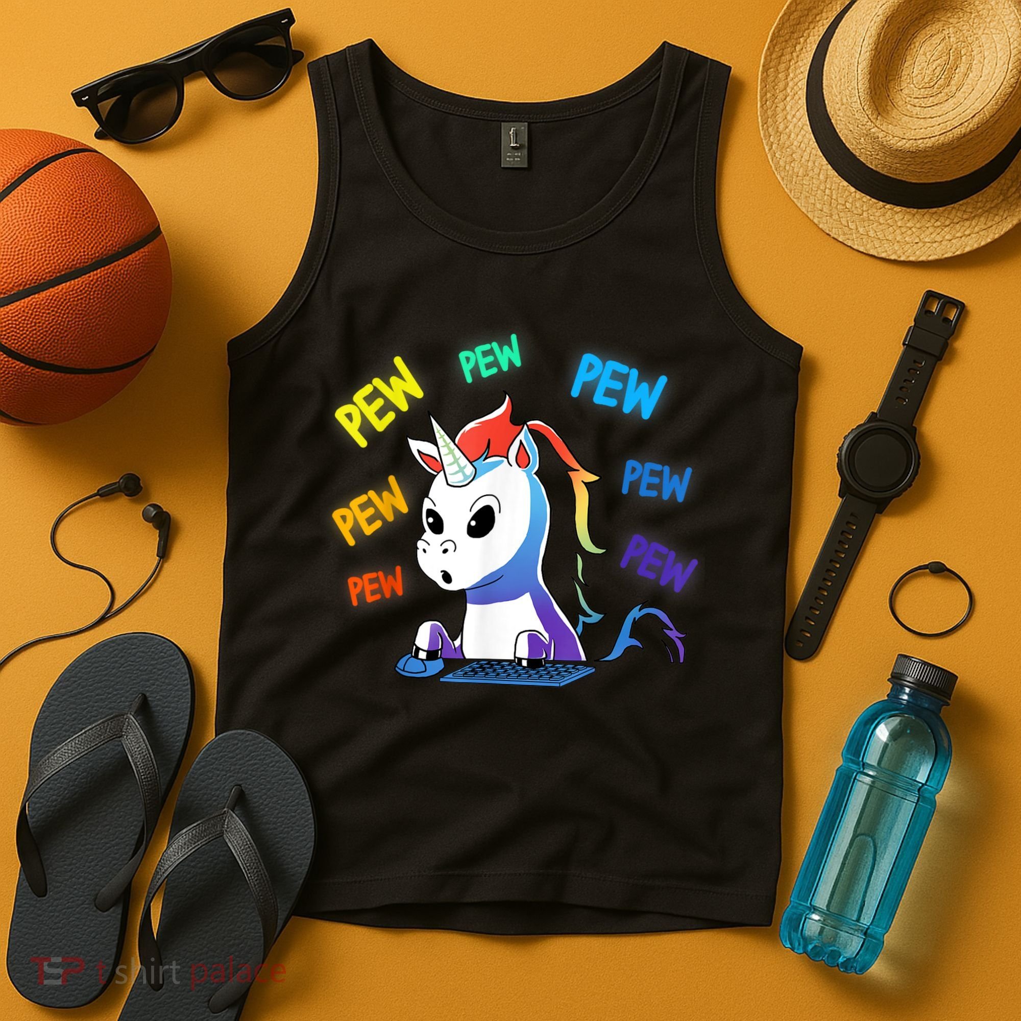 Funny Cute Video Gaming Rainbow Unicorn Pew Pew Tank Top