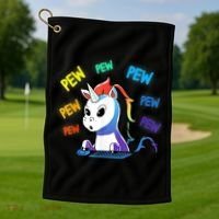 Funny Cute Video Gaming Rainbow Unicorn Pew Pew Golf Towel thumb 1