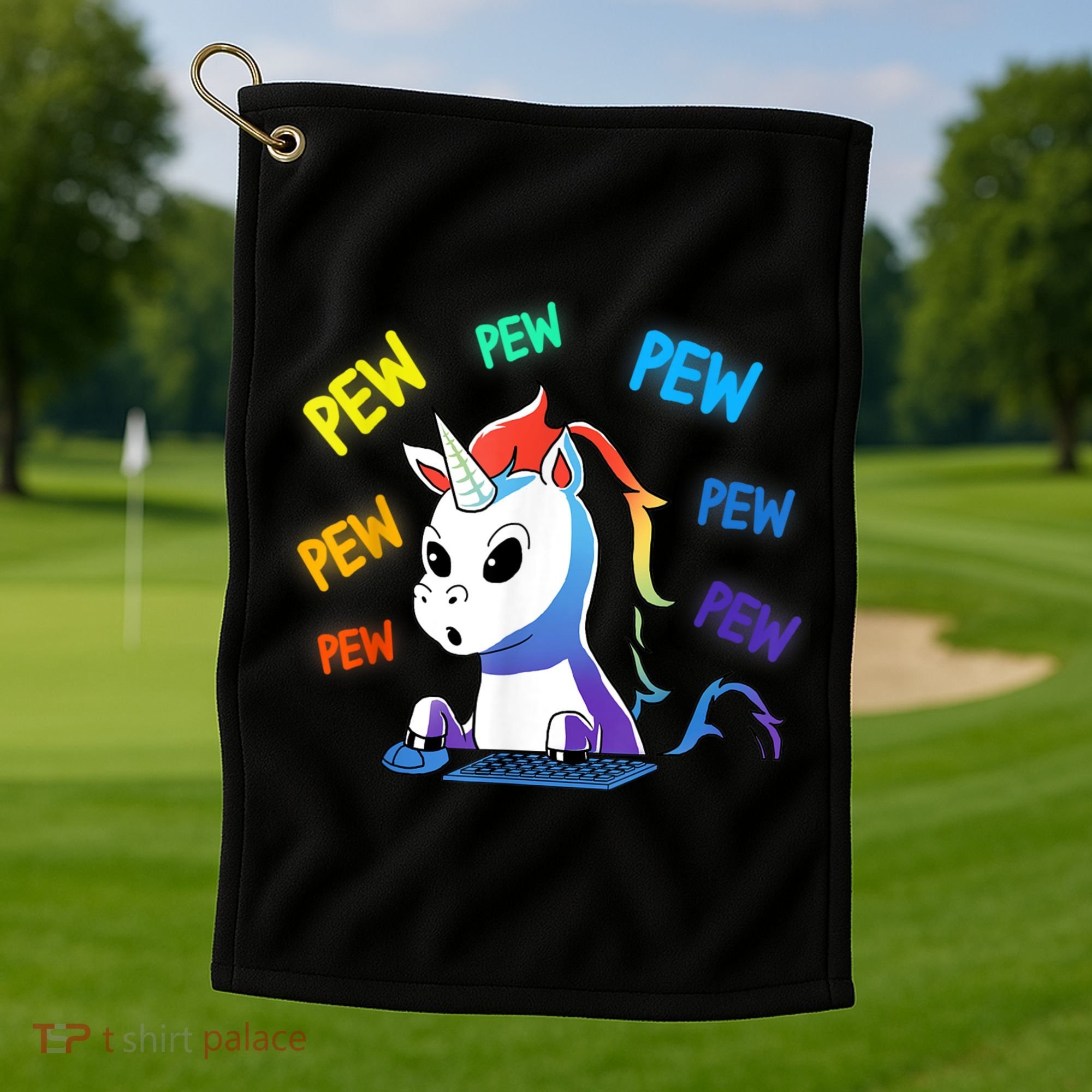 Funny Cute Video Gaming Rainbow Unicorn Pew Pew Golf Towel